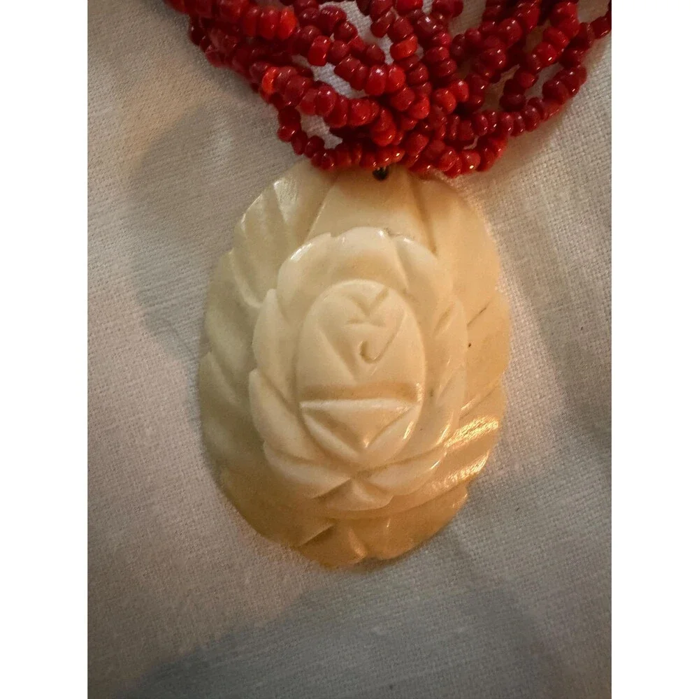 Vintage Red Multi Strand Beaded Necklace | Hand Carved Floral Pendant, Boho Stat